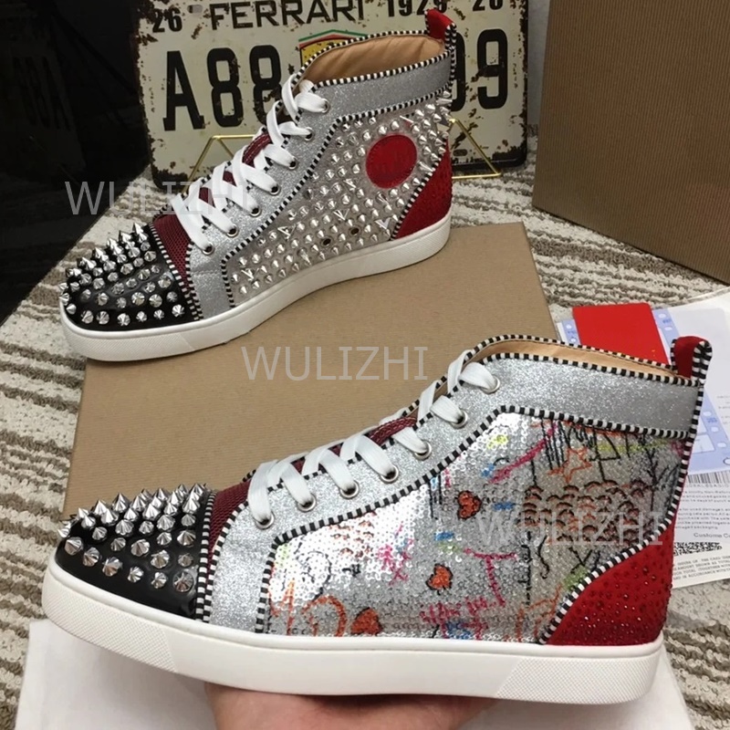 Men Shoes Red Tape - カラフルなスパンコールグラフィティレッドカップルスニーカーサマースポーツブラックリベットレースアップメンズフリンジカジュアルフラットシューズアンクルブリンブリンシューズ