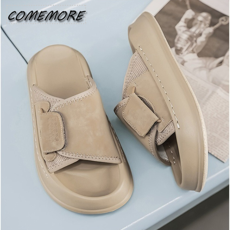 Men'S Shoes With Velcro - Comemore メンズ厚底室内室外スリッパ 夏用女性用ソフトソールサンダル カップル用カジュアルベルクロワイドフットビーチシューズ