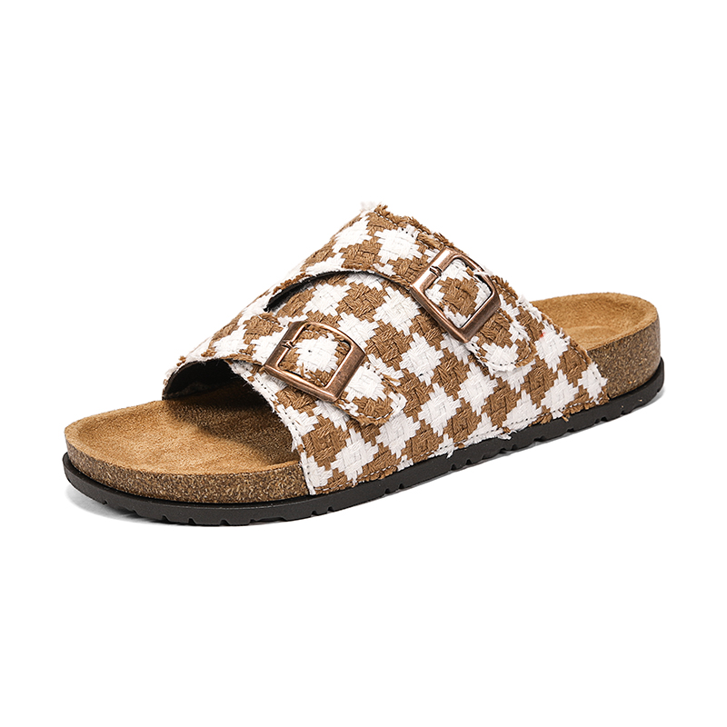 Men'S Shoes Birkenstock - ヴィンテージチェック柄コルクフットベッドスリッパユニセックス調節可能なダブルバックルフラットサンダル滑り止め夏カジュアルシューズ男性女性用
