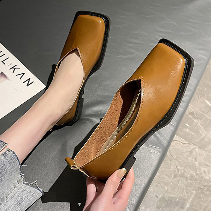 Casual Sneaker Low - ローマ風レディースローヒールパンプス、女性用フラットシューズ、スクエアトゥ、秋用カジュアルスニーカー、浅口、ソフト、レトロ、秋用PU素材