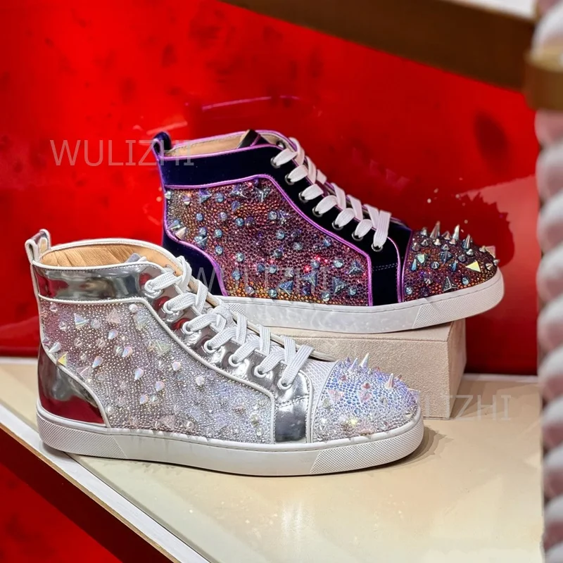 Men Shoes Red Tape - ダークパープルクリスタルリベットメンズスニーカーフラットレースアップレッドソールアンクルスポーツブリンスエードランニングローファーサマーカップルテニスシューズ