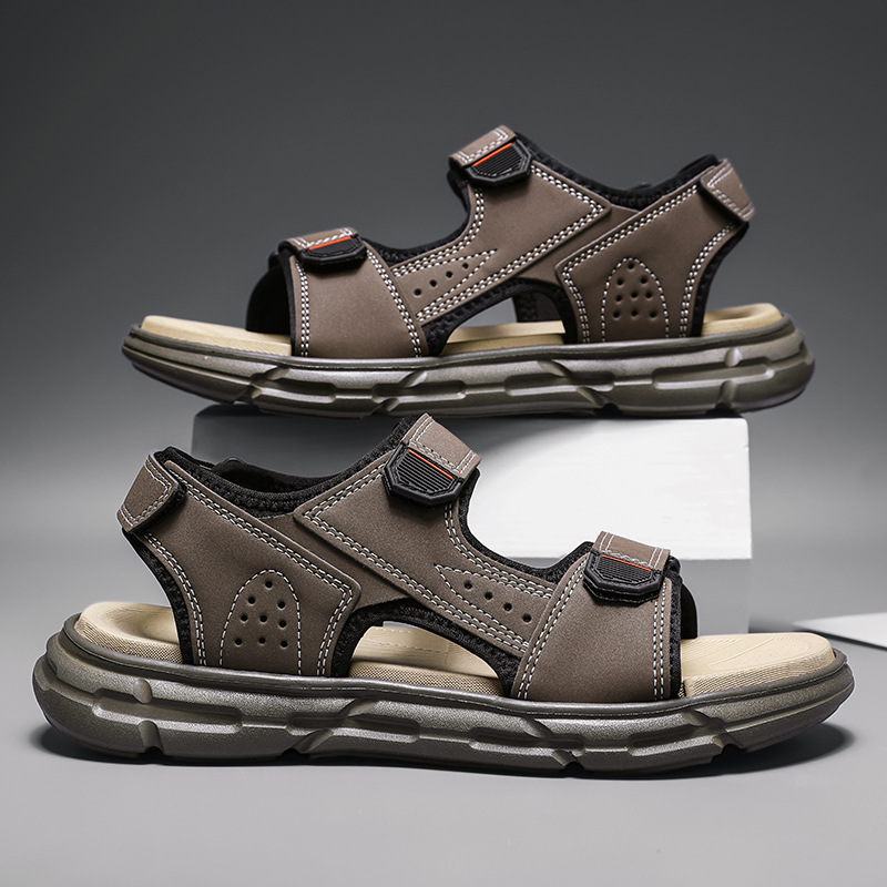 Men'S Shoes With Velcro - メンズ夏用アウトドアサンダル、滑り止め、耐摩耗性、ソフトソール、ベルクロサンダル、アウトドアドライビング、防水ビーチシューズ