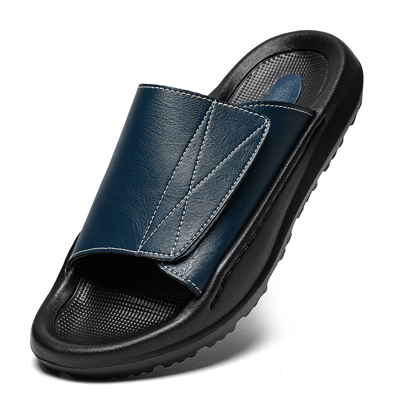 メンズ用イージートップレザー スライドスリッパ、調節可能なオ - Men'S Shoes With Velcro のレビューと価格