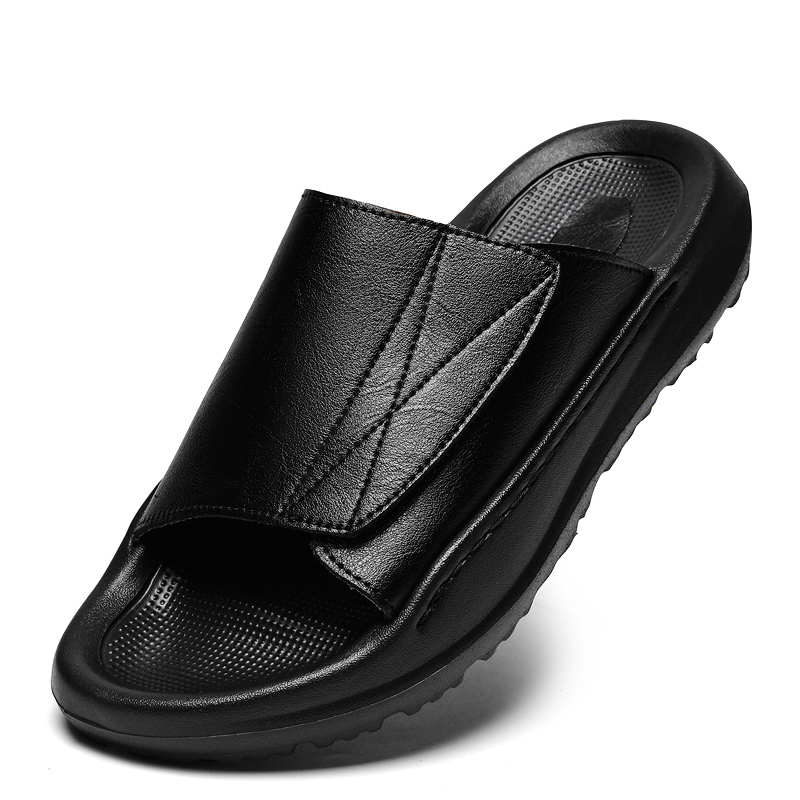 メンズ用イージートップレザー スライドスリッパ、調節可能なオ - Men'S Shoes With Velcro のレビューと価格