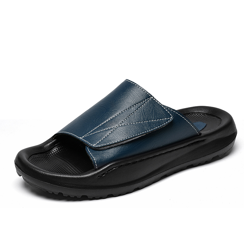 メンズ用イージートップレザー スライドスリッパ、調節可能なオ - Men'S Shoes With Velcro のレビューと価格