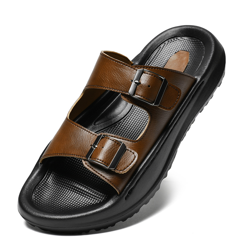 メンズスリップオンサンダルレザースリッパダブルバックルソフト - Men'S Shoes With Velcro のレビューと価格