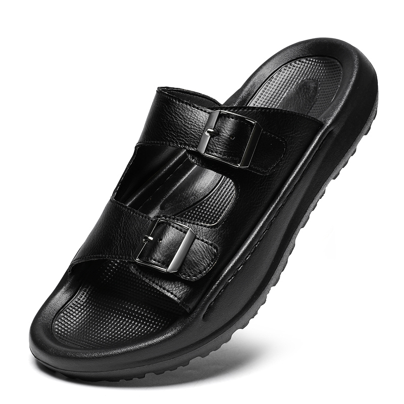 メンズスリップオンサンダルレザースリッパダブルバックルソフト - Men'S Shoes With Velcro のレビューと価格