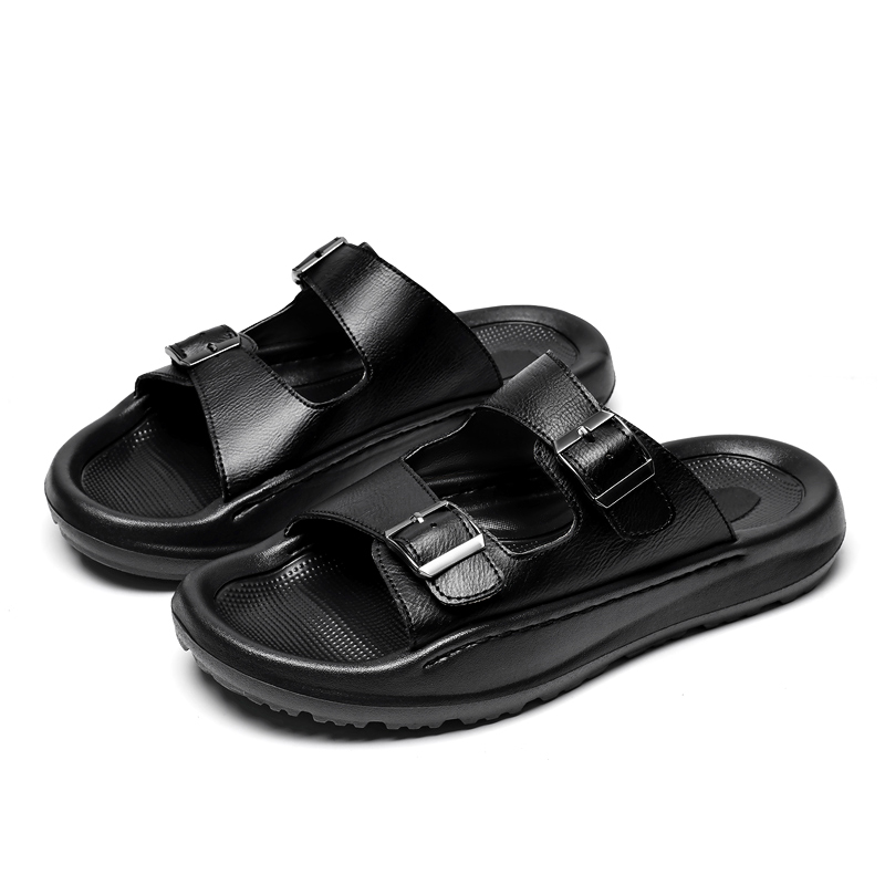 メンズスリップオンサンダルレザースリッパダブルバックルソフト - Men'S Shoes With Velcro のレビューと価格