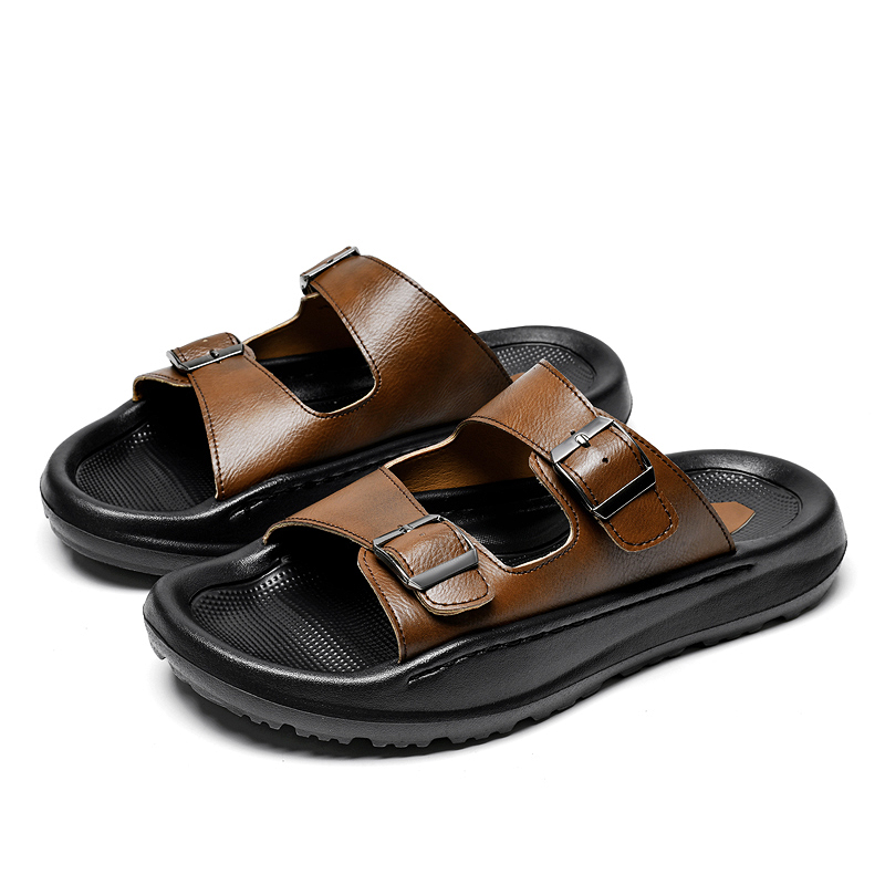 メンズスリップオンサンダルレザースリッパダブルバックルソフト - Men'S Shoes With Velcro のレビューと価格
