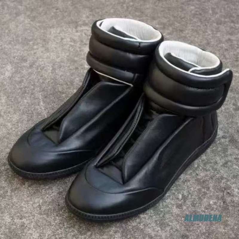 黒無地メンズカジュアルハイトップスニーカーファッションレザー - Men'S Shoes With Velcro のレビューと価格