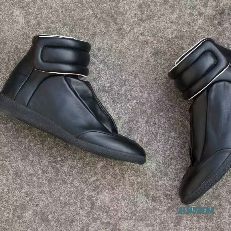 黒無地メンズカジュアルハイトップスニーカーファッションレザー - Men'S Shoes With Velcro のレビューと価格